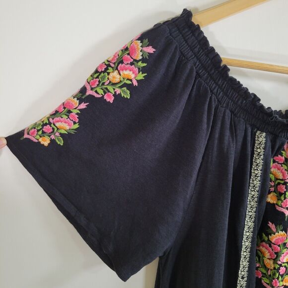SUNDANCE Black Floral Path Dress Sz M Linen Embroidered Midi Off Shoulder Ruffle - Picture 6 of 12